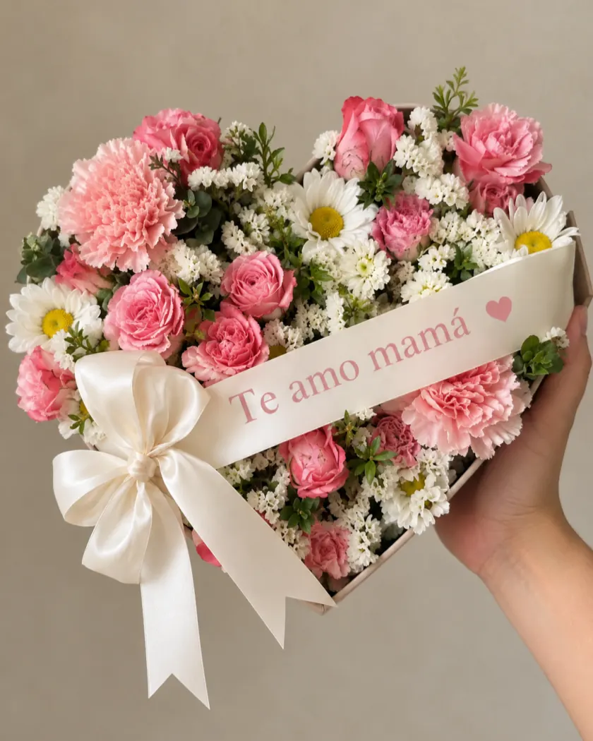 Arreglo en forma de corazón con cinta Te amo mamá