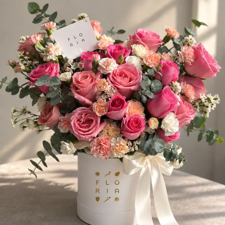 Box de flores con rosas rosadas y logo FLORIA