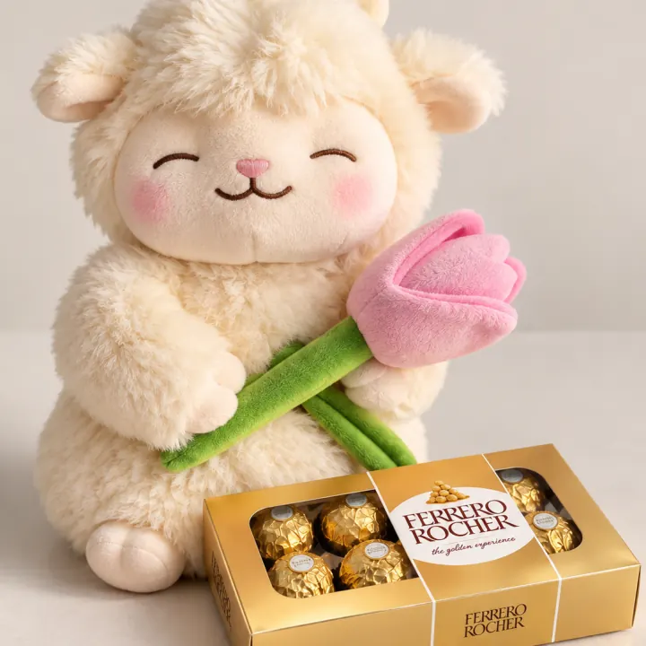 Peluche de corderito con tulipán y bombones Ferrero Rocher