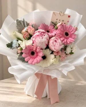 Ramo con peonías frescas y gerberas rosadas de FLORIA